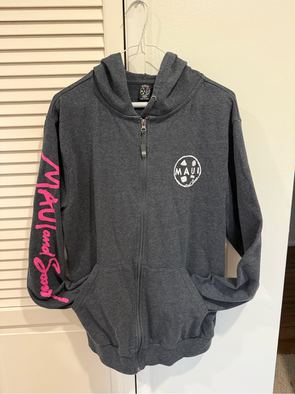 Maui and Sons Charcoal Zip Hoodie with Pink Sleeve Script Large